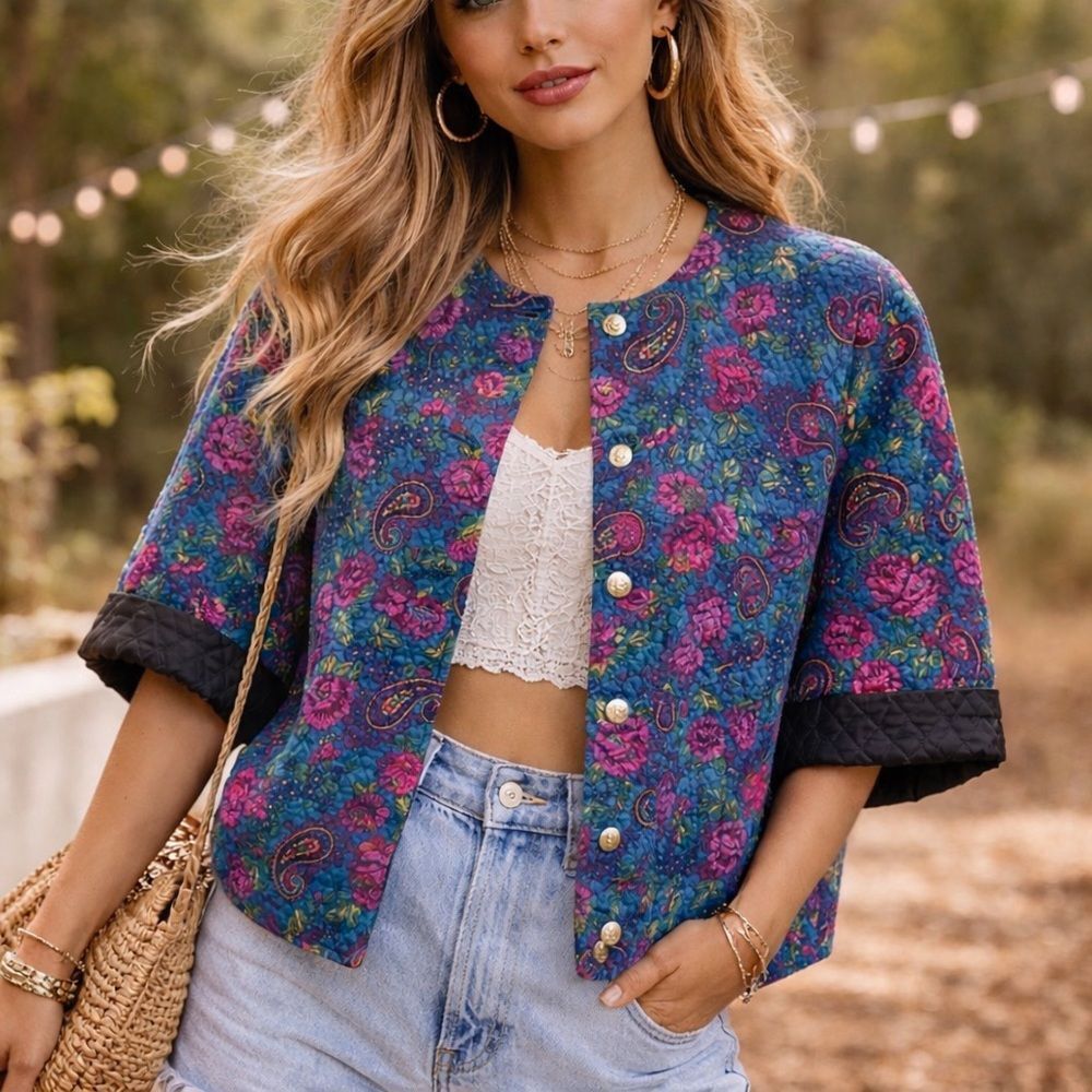 Koret vintage boho cottagecore‎ quilted 3/4 sleeve floral & paisley jacket XL*